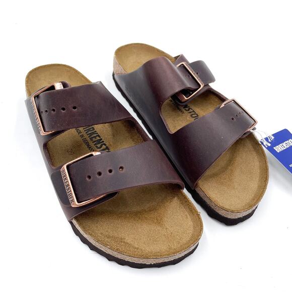 Birkenstock Arizona Sandals Habana Brown Two Strap Slides Sz 37 / 6 NARROW - Picture 1 of 8